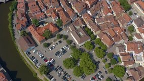 Aerial view of the city Schwäbisch Hall in Germany on a sunny day. Pan to the left above the old town.