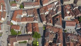 Aerial view of the city Schwäbisch Hall in Germany on a sunny day. Pan to the right above the old town.