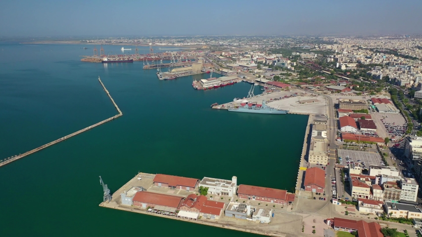 Aerial drone video of commercial port of Thessaloniki or Salonica, North Greece