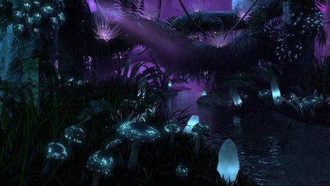 UHD 4k Mystical magical fantasy forest with glowing plants and trees and fireflies at night rendered in 3D