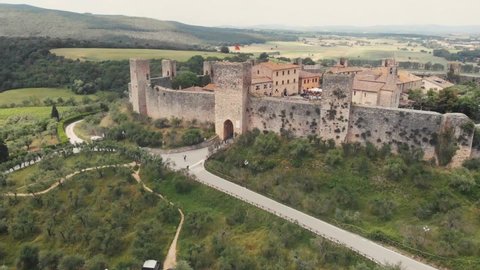 Aerial drone view over the Monteriggioni Castle in Siena's area, Tuscany