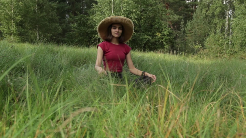 Beautiful girl sits in the grass