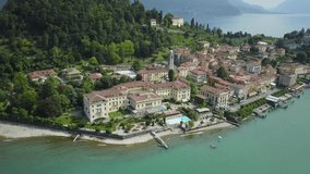 Aerial video shooting with drone on Bellagio, famous Lombardia city on the Como Lario Lake