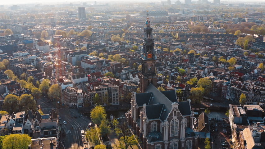 Amsterdam, Netherlands: drone view of Westerkerk church and cityscape