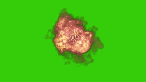 Violent explosion with short duration fire and cloud of smoke on green screen or chroma key. Flame effect can be used for detonation explosives, bomb, weapons, radioactivity. Animation 4k