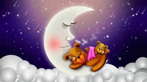 cute bears cartoon sleeping on moon and beautiful shooting stars, looped video background for lullabies to put a baby go to sleep and calming , relaxing