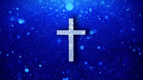 Church Cross Christianity Religion Icon White Blinking Glitter Glowing Shine on Blue Particles. Shape, Web, Text , Design, Element, Symbol 4K Loop Animation.