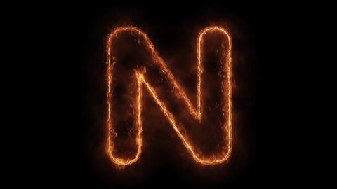 Alphabet N Word Hot Animated Burning Realistic Fire Flame and Smoke Seamlessly loop Animation on Isolated Black Background. Fire Word, Fire Text, Flame word, Flame Text, Burning Word, Burning Text.