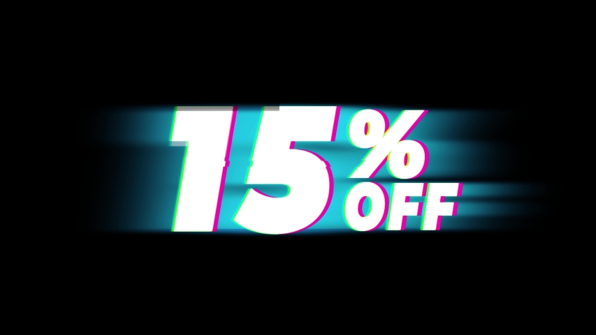 15% Percent Off Text Glitch Effect Promotion Advertisement Loop Background. 