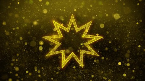 Bahai Nine pointed star Bahaism Icon Golden Glitter Glowing Lights Shine Particles.