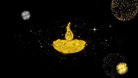 Diwali, diwali diya, diwali lamp, diya Icon on Glitter Golden Particles Effect Firework. 