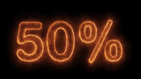 50% Percent Off Word Hot Animated Burning Realistic Fire Flame and Smoke Seamlessly loop Animation on Isolated Black Background. 
