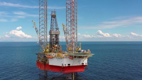 SARAWAK, MALAYSIA - APRIL 29, 2019: Velesto Naga 7 offshore jack-up drilling rig in Malaysian Waters.