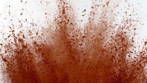 Super Slow Motion Shot of Cocoa Powder Explosion Isolated on White Background at 1000fps.