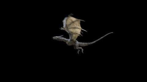 Realistic Dragon flying and waving his wings isolated on black with alpha channel and additional alpha matte. Production Quality footage in 4k Resolution, ProRes 4444 codec 25 FPS.