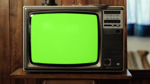 Vintage Television Set Green Background with Noise and Static. Zoom Out. You can replace green screen with the footage or picture you want with “Keying” effect in AE (check tutorials in YouTube). Adlı Stok Video