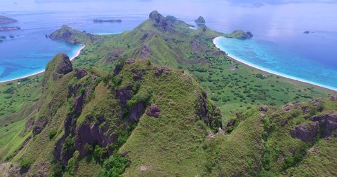 Aerials Flores Komodo National Park includes Island of Padur, Rinca and Pink Beach and Island Villages, Tourist boats and Mountain/Beach Views