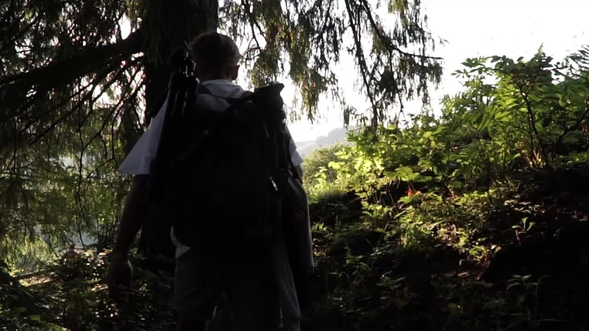 Photographer goes out of the woods into the fields with tall grass, beautiful place, mountain sunset