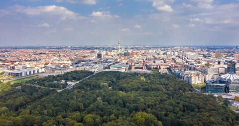 Aerial view of Berlin skyline panorama with Grosser Tiergarten public park on a sunny day with blue sky and clouds in  Berlin, Germany.