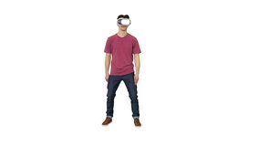 Casual man in VR glasses dancing playing video game Beginners level on white background.