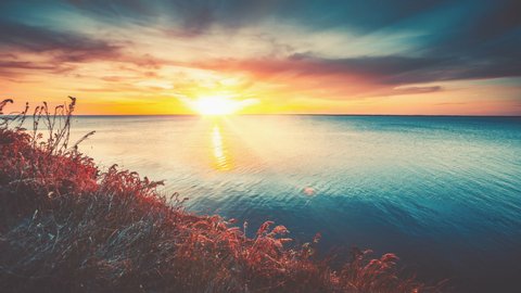 Picturesque blue sea reflects bright rising sun with orange grass on foreground bank. 3D Concept travel majestic landscape, beauty world, holidays and recreation. Slow motion, time lapse 4K