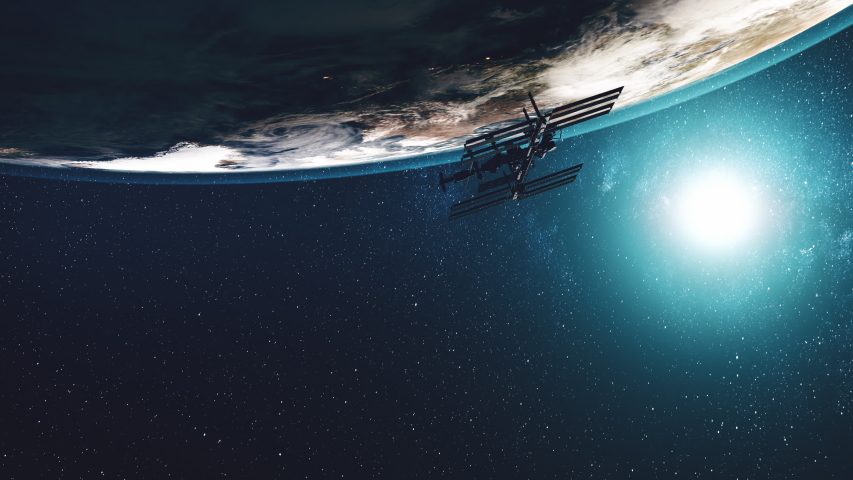 3d animation International Space Station flies near planet Earth in dark outer space with bright stars. Motion graph. Science and technology concept. 4K. Elements of this media furnished by NASA