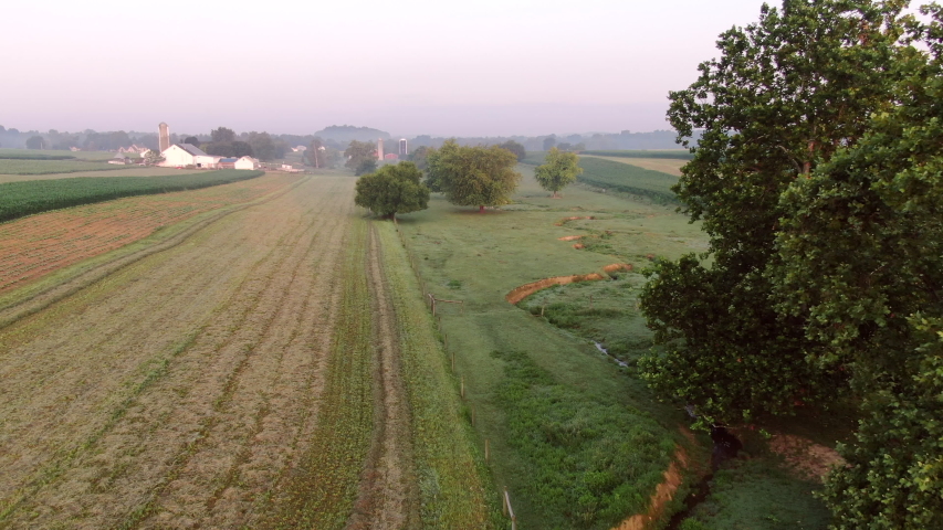 DRONE turns around a tree to reveal typical Lancaster County farmland with meadow and stream in Pennsylvania, USA