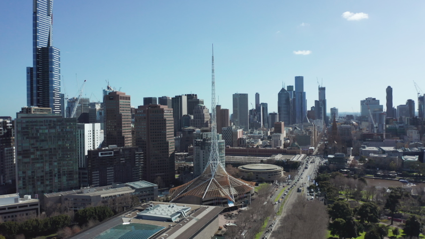 Aerial shot of melbourne city, Australia, with hi-rise port melbourne buildings on blue sky day