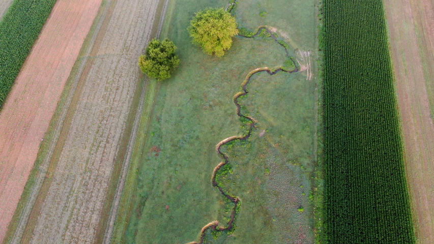 AERIAL TILT UP revealing long patterned fields of various crops in Lancaster County Pennsylvania Amish farmland during sunrise