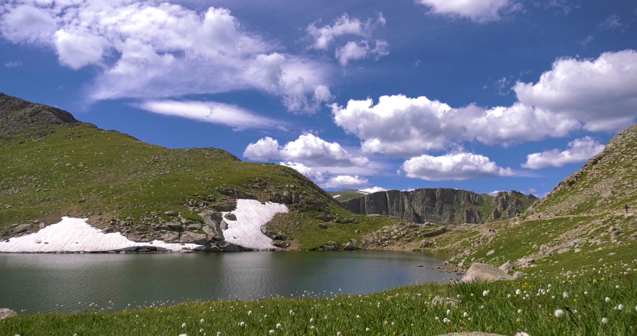 Summit Lake in Colorado with blue skies and clouds