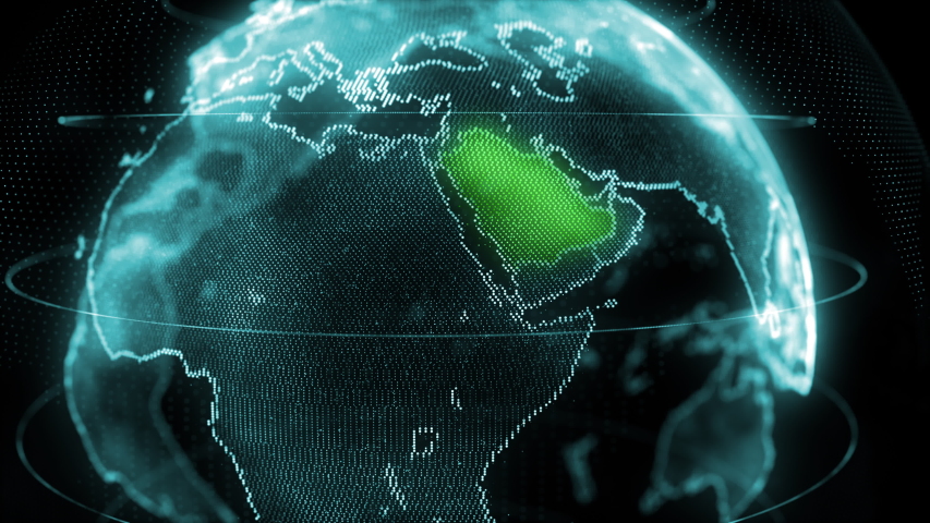 Saudi Arabia Map Hologram Effect, KSA Digital global map, Riyadh zoom out Royalty-Free Stock Footage #1036237955