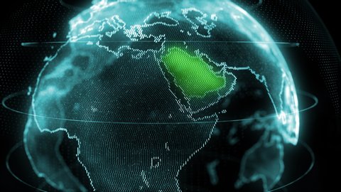 Saudi Arabia Map Hologram Effect, KSA Digital global map, Riyadh zoom out