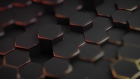 Abstract hexagon geometric surface, black minimal texture with neon orange holographic glow, random fluctuation of the canvas movement background. Seamless loop 4K 3D pattern digital motion graphics