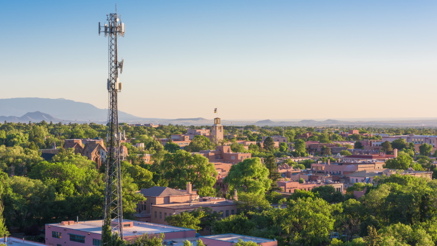 Santa Fe, New Mexico, USA downtown city skyline time lapse from dusk to night.