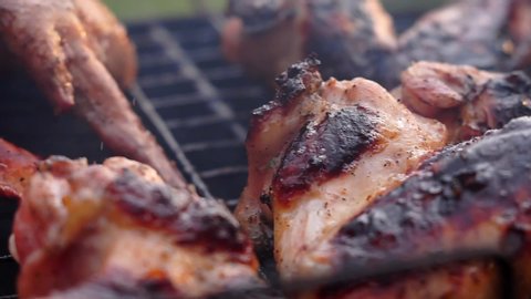 grilled chicken wings on charcoal in close-up