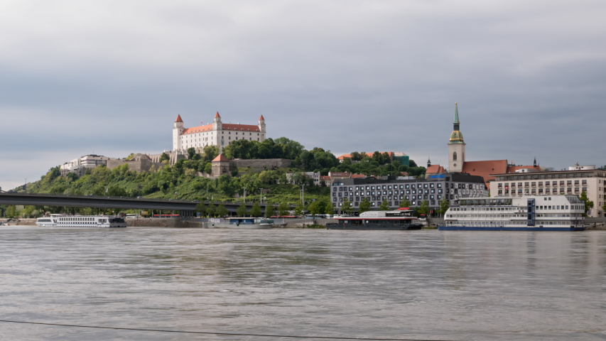 Hyper lapse of Bratislava old town, castle and SNP bridge. Slovakia.