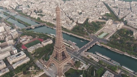 Aerial drone shot of the famous Eiffel Tower in Paris, France