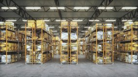 Products at the warehouse. Horizontal camera move between the rows shelves with cardboard boxes. Industrial interior storage room. Logistics center interior full of racks with with large number packs. - Powered by Shutterstock - Get 15% off with code: PIKWIZARD15