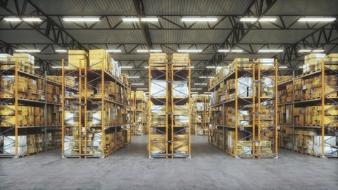 Products at the warehouse. Horizontal camera move between the rows shelves with cardboard boxes. Industrial interior storage room. Logistics center interior full of racks with with large number packs.