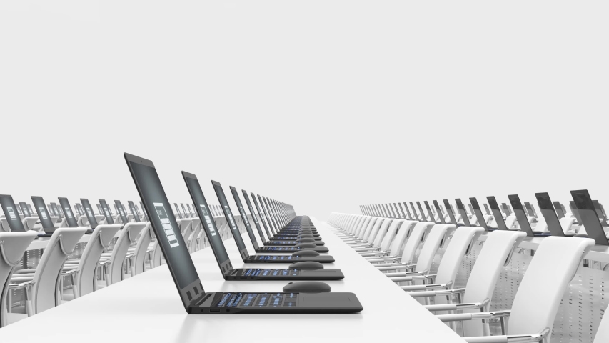 White room with rows of computers. Office tables with computers stations. Computers room on white background.  Royalty-Free Stock Footage #1036279223