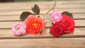 Essence of rose on table in beautiful glass bottle