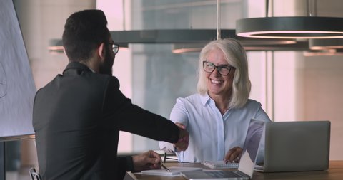 Happy middle aged mature caucasian businesswoman and young arabic arab businessman talking negotiating handshaking at office business meeting make commercial partnership agreement deal concept