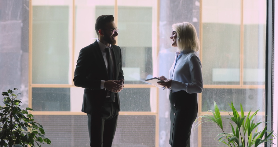 Two diverse young arabic male old female professional colleagues talk stand in office at window, mature businesswoman and businessman discuss project have business conversation in corporate workspace Royalty-Free Stock Footage #1036284287