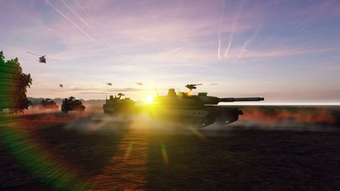 Military tanks and military helicopters move at sunset on the battlefield.