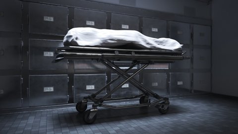 Camera shows the dead body covered with a white cloth in the morgue. Waiting for the funeral or dissection. Life is gone. Room is equipped with mortuary refrigerators, where human remains are cooled.

