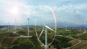 Aerial view of windmills with digitally generated holographic display tech data visualization. Wind power turbines generating clean renewable energy for sustainable development in a green ecologic way - Powered by Shutterstock - Get 15% off with code: PIKWIZARD15