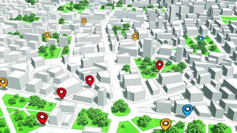 Geotargeting and GPS. Pin Navigation Icons Appear on the City Map. Geo-targeting, Map GPS Localization. Seamless Loop.