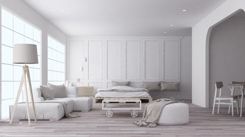 White living and bedroom in scandinavian style with wooden furniture and floor. 3d rendering 