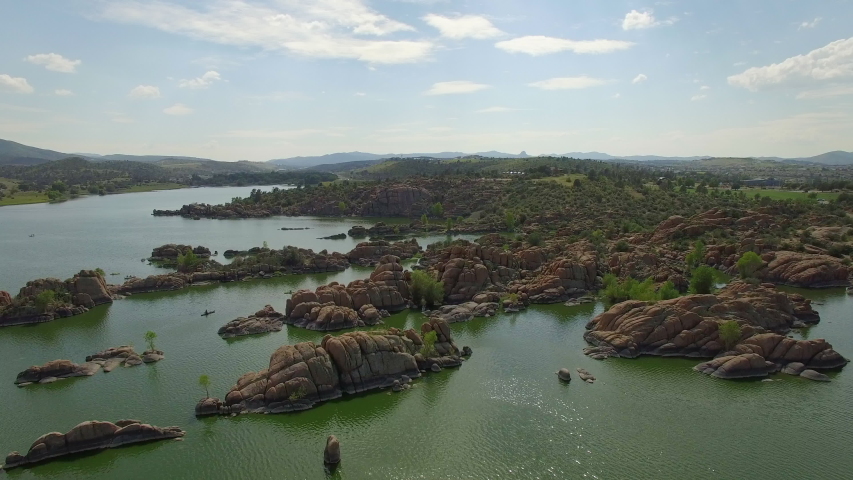 Aerial drone footage of Watson Lake in Prescott Arizona.