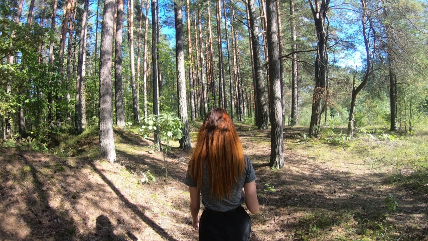 Following a girl with a light brown and orange hair, short shorts and a shirt in the forest full of tall trees on a sunny day